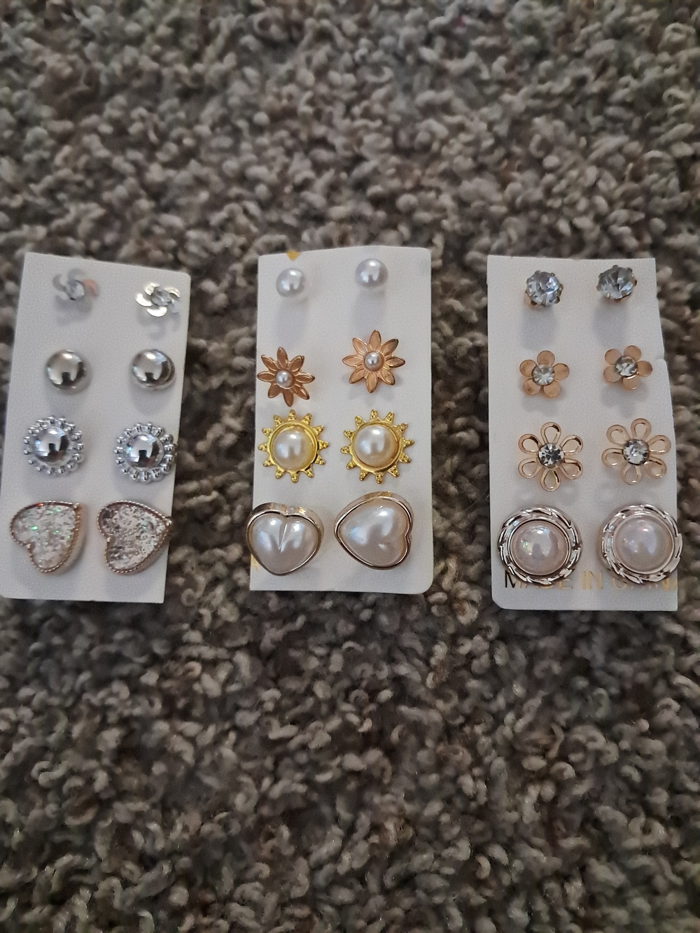 Pearl and Gold Floral Stud Earring Set - 9 Pairs